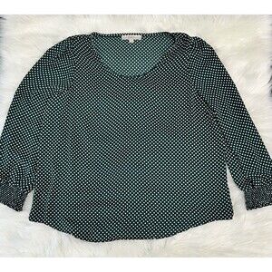 Ann Taylor Loft Top Womens XL Green White Polka Dot Casual Career Shirt